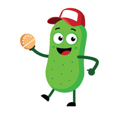 funny cartoon pickle playing pickleball vector icon isolated on white background