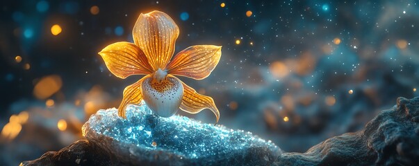 surreal concept art of Paphiopedilum orchid blooming from a crystal geode