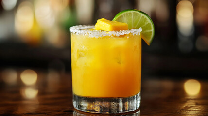 Zesty mango margarita with a salted rim and lime, perfect for a tropical and refreshing drink.