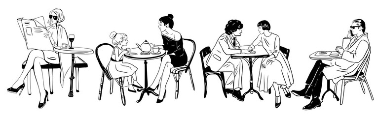 People in Cafe Line Art Set – Hand Drawn Minimalist Illustrations of Men and Women Drinking Coffee, Working on Laptop, Talking, Sitting at Tables Black and White Outline Clipart Collection