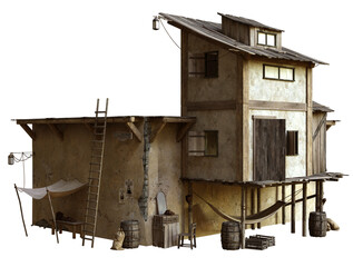3D rendered old Caribbean house and structure - 3D illustration