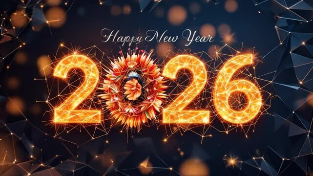 2026 Happy New Year with Christmas in Abstract low poly wire frame style. geometric background Celebrate the party 2026. 4k video