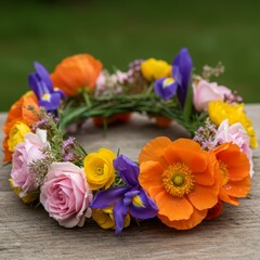 Floral Wreath with Orange Poppies and Purple Irises