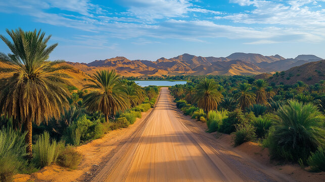 Serene desert road lined with palm trees leading to a tranquil oasis surrounded by mountains during a bright sunny day - Powered by Adobe