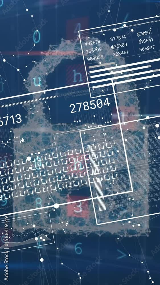 Poster animation of digital data processing over padlock on dark background