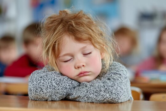 Tired pupil sleeping on desk at school during lesson