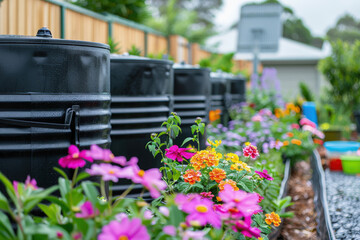 Community Garden with Rainwater Harvesting Tanks Sustaining Vibrant Flowers Promoting Sustainable Living
