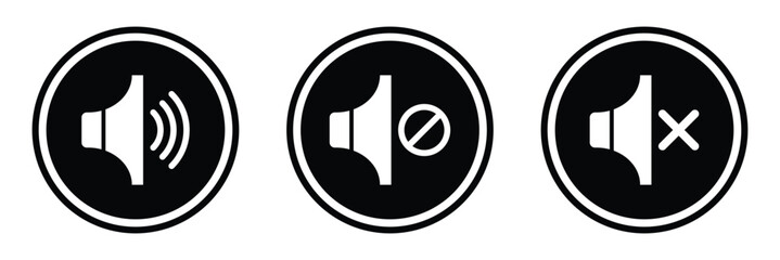 Sound on and off icon. Increases and reduces sound icon. Icon showing the mute sign. Set of sound icons with different Sound signal levels. Vector illustration, EPS 10