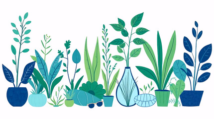 flat illustration of assorted green leaves and decorative plants in pots with minimal modern design and fresh nature vibes