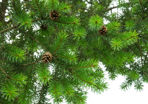 Closeup of green fir tree branches with cones isolated on transparent background