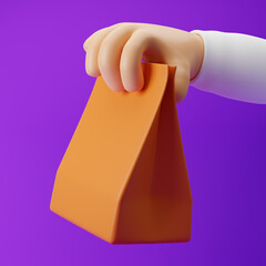 Cartoon hand holding paper bag isolated over purple background. 3d rendering.
