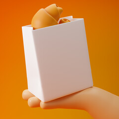 Cartoon hand holding paper bag with plain croissants isolated over yellow background. 3d rendering.