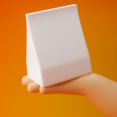 Cartoon hand holding paper bag isolated over yellow background. 3d rendering.