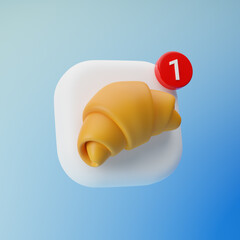 App icon with plain croissant and one notification sign isolated over blue background. 3d rendering.