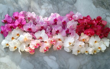 Vibrant orchid blossoms arranged in a gradient of pink, red, and white.  Beautiful floral display.
