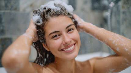 Laughing woman with sudsy hair in a bright bathroom, hands playfully shaping foam crown, surrounded by steam and serenity portrait, skin, cleansing ritual