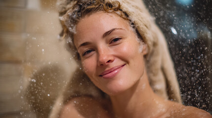 Shampoo foam covering smiling womanâs head, water droplets on her face catching soft golden light, intimate bathroom scene reflecting self-care and happiness facial care, portrait,
