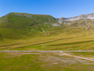 Italy 03 July 2025: aerial view from the drone of the Campo Imperatore plateau in the province of...