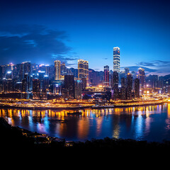 Fototapeta premium City skyline at dawn, reflected in river. Possible stock use 