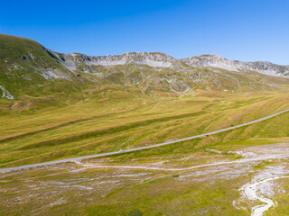 Italy 03 July 2025: aerial view from the drone of the Campo Imperatore plateau in the province of...