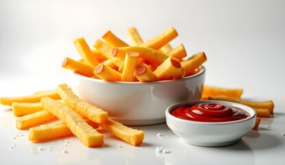 A bowl of crispy golden French fries with a small bowl of ketchup on a minimalist white background, styled in natural light.