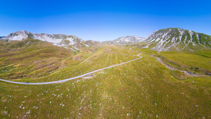 Italy 03 July 2025: aerial view from the drone of the Campo Imperatore plateau in the province of L'Aquila in Abruzzo. Also called Little Tibet, here you can breathe peace and quiet 