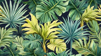 Lush Tropical Palm Leaves Watercolor Botanical Seamless Pattern