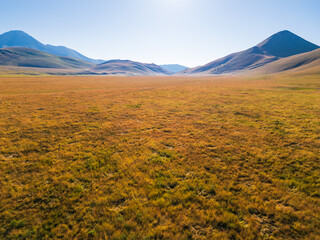 Italy 03 July 2025: aerial view from the drone of the Campo Imperatore plateau in the province of L'Aquila in Abruzzo. Also called Little Tibet, here you can breathe peace and quiet 