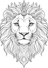 "Intricate Line Art Drawing of a Regal Lion Head &ndash; Symmetrical Ornamental Design"