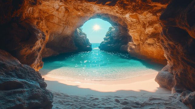 Bright sunlight illuminates a serene beach cove inside a rocky cave during midday with clear turquoise waters and soft sandy shore - Powered by Adobe