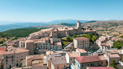 Italy 03 July 2025: aerial view from the drone of the medieval village of Castel del Monte in the province of L'Aquila in Abruzzo. Here you can breathe peace and quiet immersed in uncontaminated natur