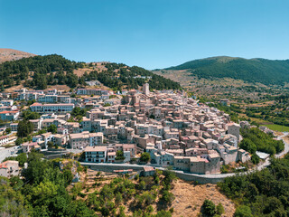 Italy 03 July 2025: aerial view from the drone of the medieval village of Castel del Monte in the province of L'Aquila in Abruzzo. Here you can breathe peace and quiet immersed in uncontaminated natur