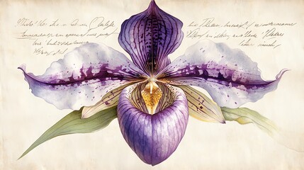 ultraelegant watercolor painting of a rare Paphiopedilum orchid in ivory white and royal purple