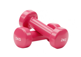 A pair of pink 2kg dumbbells are stacked on top of each other isolated on transparent background