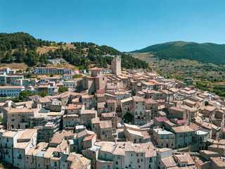 Italy 03 July 2025: aerial view from the drone of the medieval village of Castel del Monte in the province of L'Aquila in Abruzzo. Here you can breathe peace and quiet immersed in uncontaminated natur