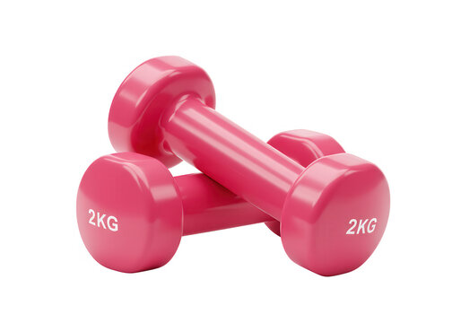 A pair of pink 2kg dumbbells are stacked on top of each other isolated on transparent background
