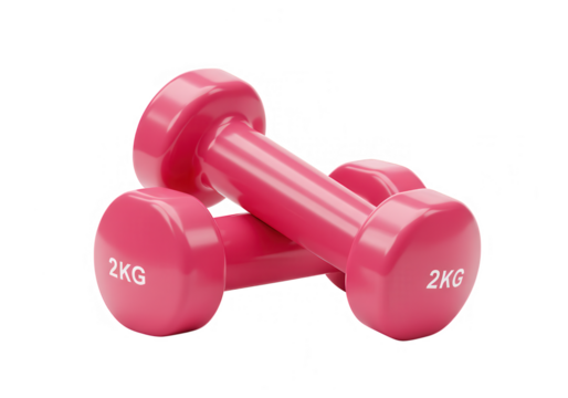 A pair of pink 2kg dumbbells are stacked on top of each other isolated on transparent background
