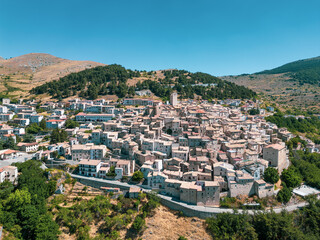 Italy 03 July 2025: aerial view from the drone of the medieval village of Castel del Monte in the province of L'Aquila in Abruzzo. Here you can breathe peace and quiet immersed in uncontaminated natur