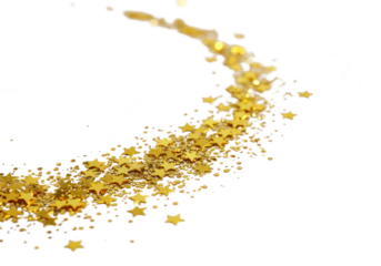 A curved line of golden star confetti isolated on transparent background