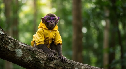 A curious monkey wearing a bright yellow jacket and purple glasses, sitting on a tree branch