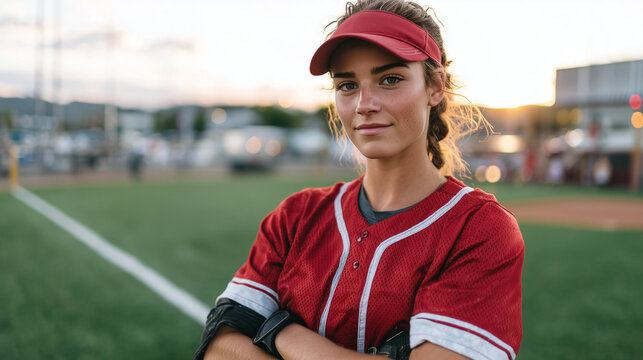 Confident player stands in outfield, red uniform bright under golden hour sunlight, face calm and ready, green grass and chalk lines stretching around her summer match, team pride