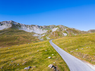 Italy 03 July 2025: aerial view from the drone of the Campo Imperatore plateau in the province of...