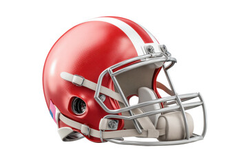 Fototapeta premium PNG Red football helmet with white stripes and face guard on white background