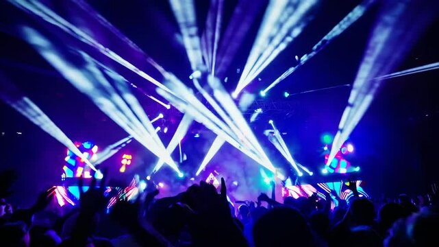Electronic Music Festival Crowd with Flashing Lights and Laser Effects &ndash; Night Scene with Cheering Fans and Colorful Stage Illumination