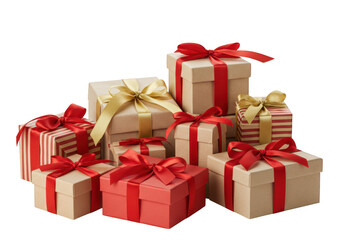 Obraz premium A stack of beautifully wrapped gifts with red and gold ribbons isolated on transparent background for a festive celebration