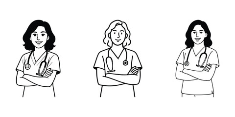 Simple outline vector set of nurse or doctor standing confidently in medical uniform with stethoscope