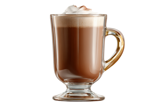 PNG Glass cup of hot mocha with creamy foam on black background