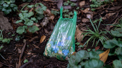 Top-down view of compostable plastic bag on dark mulch and loamy soil, vibrant green color contrasting with deep browns, leaves and grass clippings scattered perfect symbol of ecol