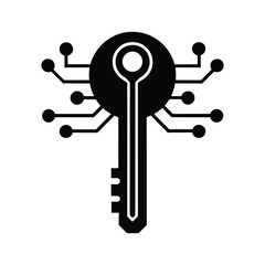 Intricate silhouette of a vintage key featuring a complex digital circuit board pattern symbolizing technology and access
