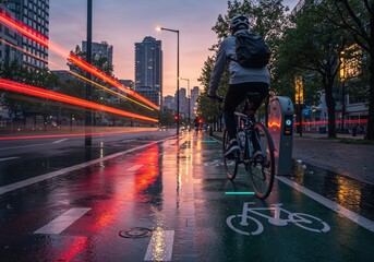 Urban Cyclist on Wet City Street at Dusk with Light Trails and Reflections